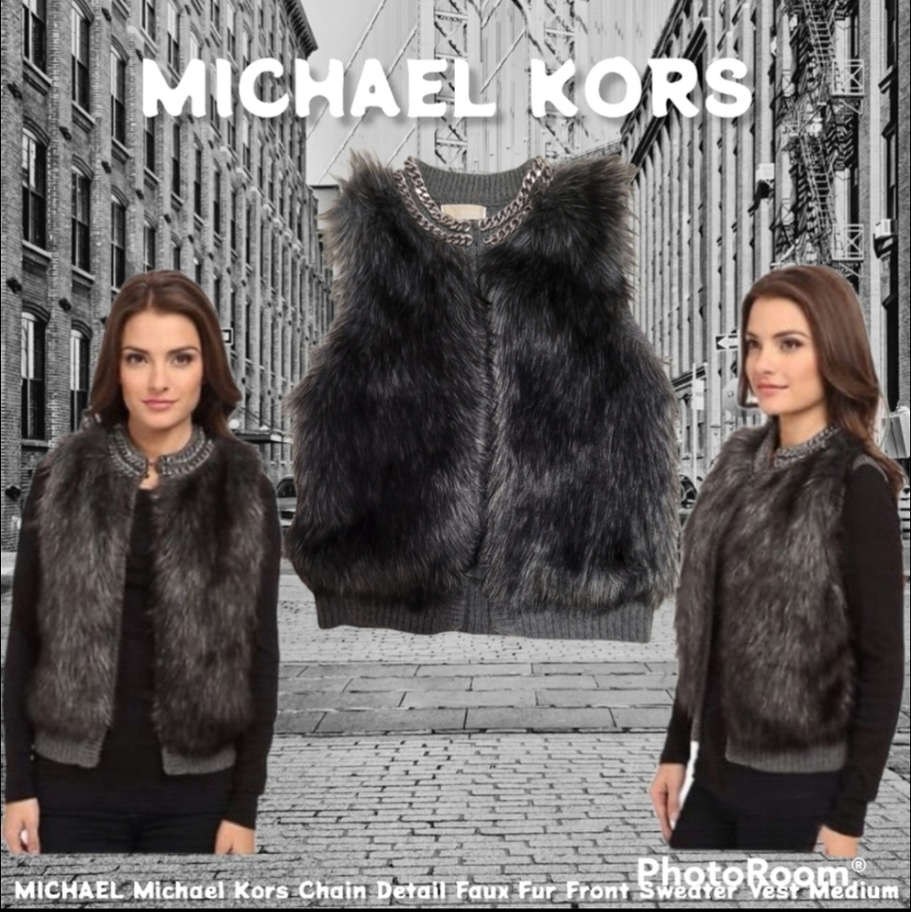 Michael kors faux fur derby grey wool blend sweeter vest silver chain collar